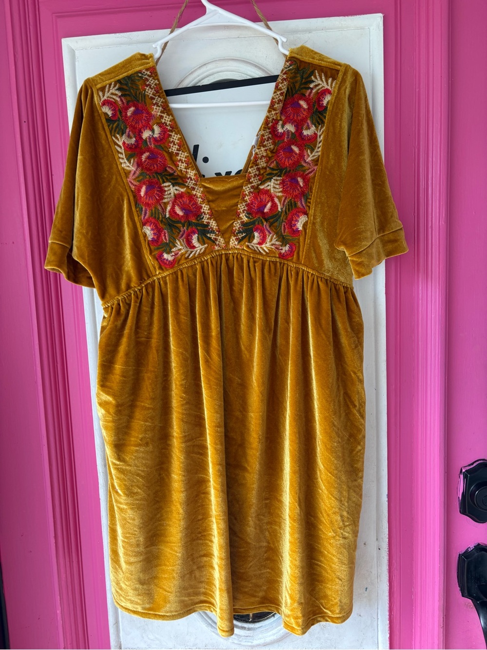 THML Mustard Velvet Dress with Red Floral Embroidery
